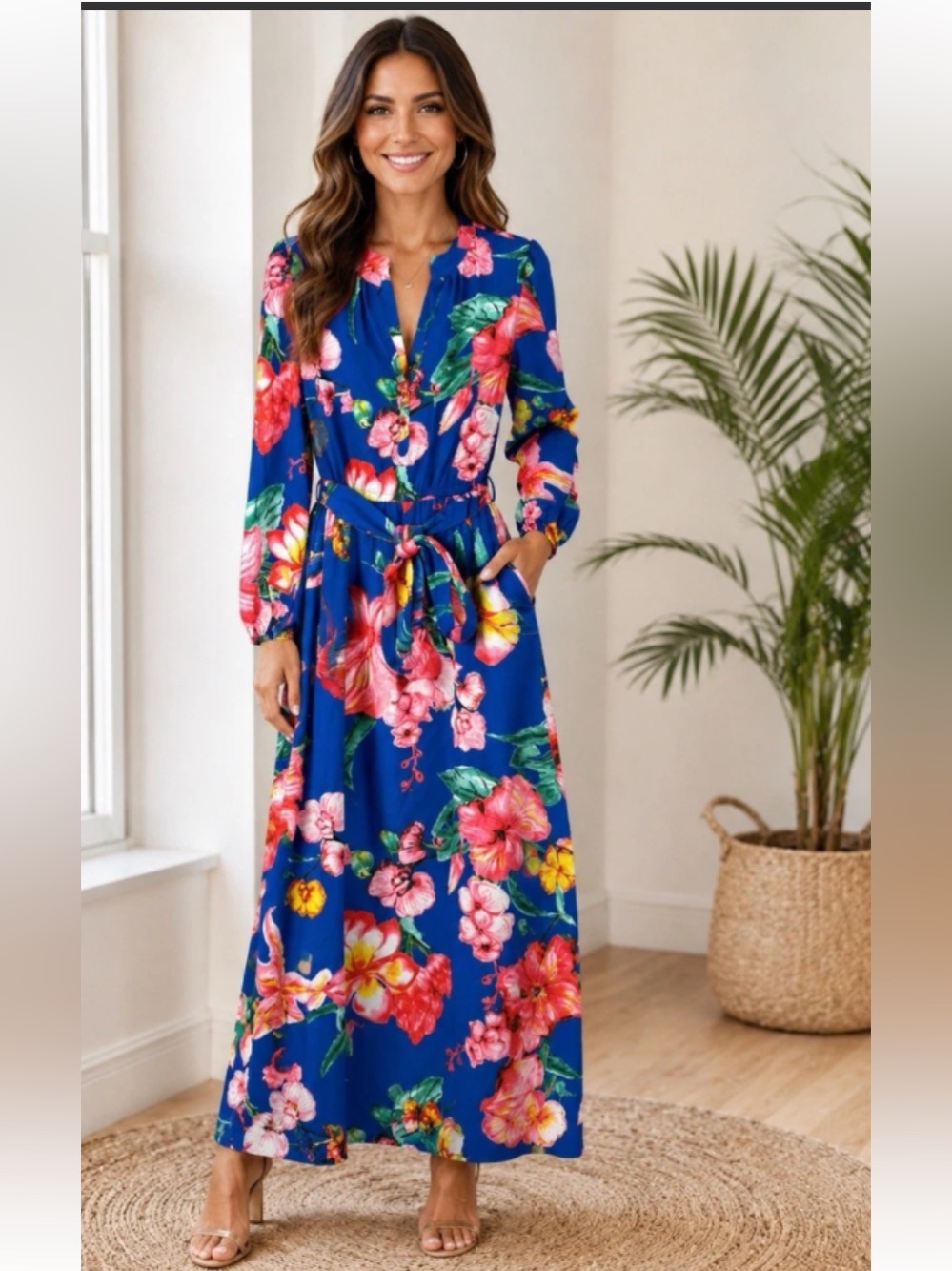Halston Heritage Blue Floral Maxi Wrap Dress